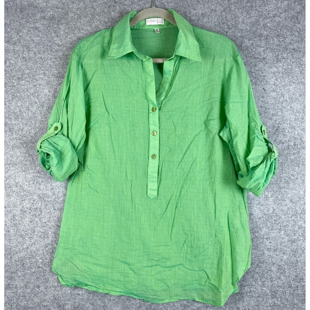 Couleur by Finley Tunic Top Womens XL Green Rolled Tab Sleeve Gauzy Coastal USA